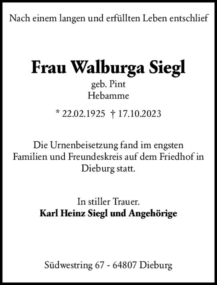  Traueranzeige für Walburga Siegl vom 07.11.2023 aus Dieburger Anzeiger/Groß-Zimmerner Lokal-Anzeiger