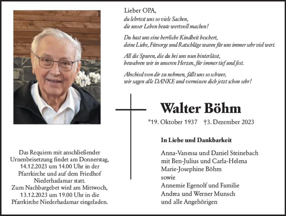  Traueranzeige für Walter Böhm vom 09.12.2023 aus Nassauische Neue Presse