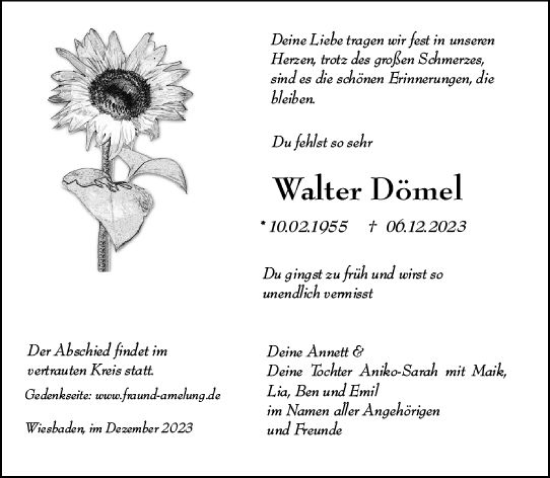 Traueranzeige von Walter Dömel von Wiesbadener Kurier
