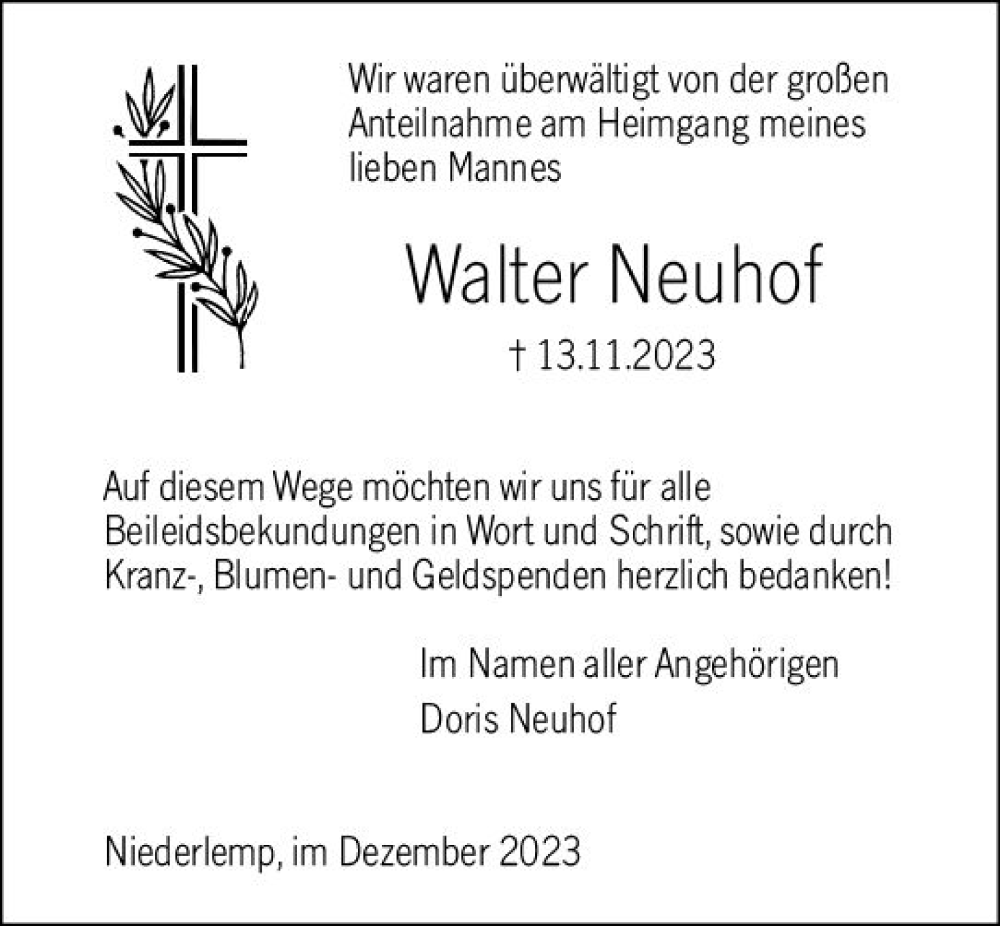  Traueranzeige für Walter Neuhof vom 23.12.2023 aus Wetzlarer Neue Zeitung