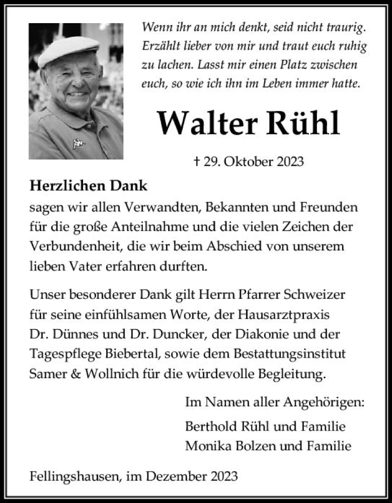  Traueranzeige für Walter Rühl vom 02.12.2023 aus Wetzlarer Neue Zeitung
