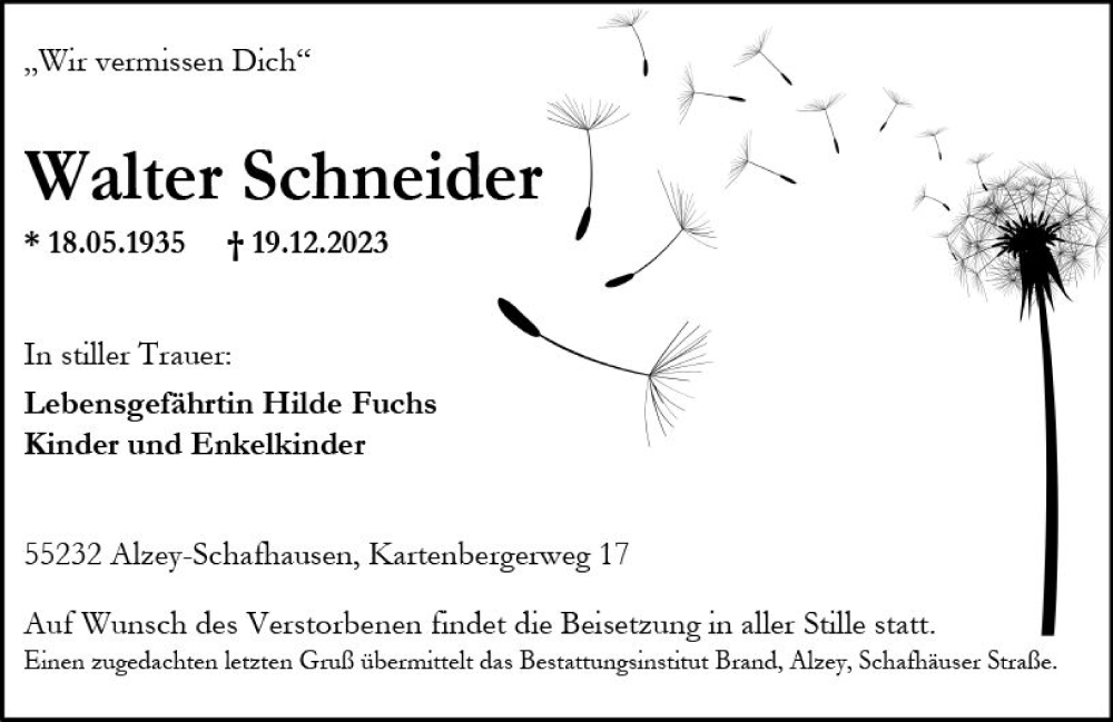  Traueranzeige für Walter Schneider vom 23.12.2023 aus Allgemeine Zeitung Alzey