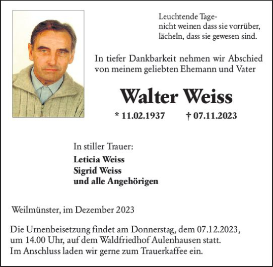 Traueranzeige von Walter Weiss von Weilburger Tageblatt