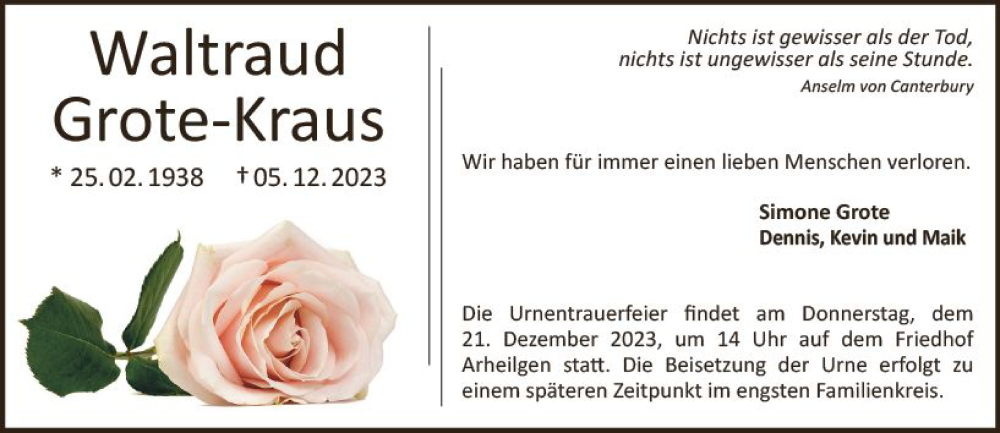  Traueranzeige für Waltraud Grote-Kraus vom 16.12.2023 aus Darmstädter Echo