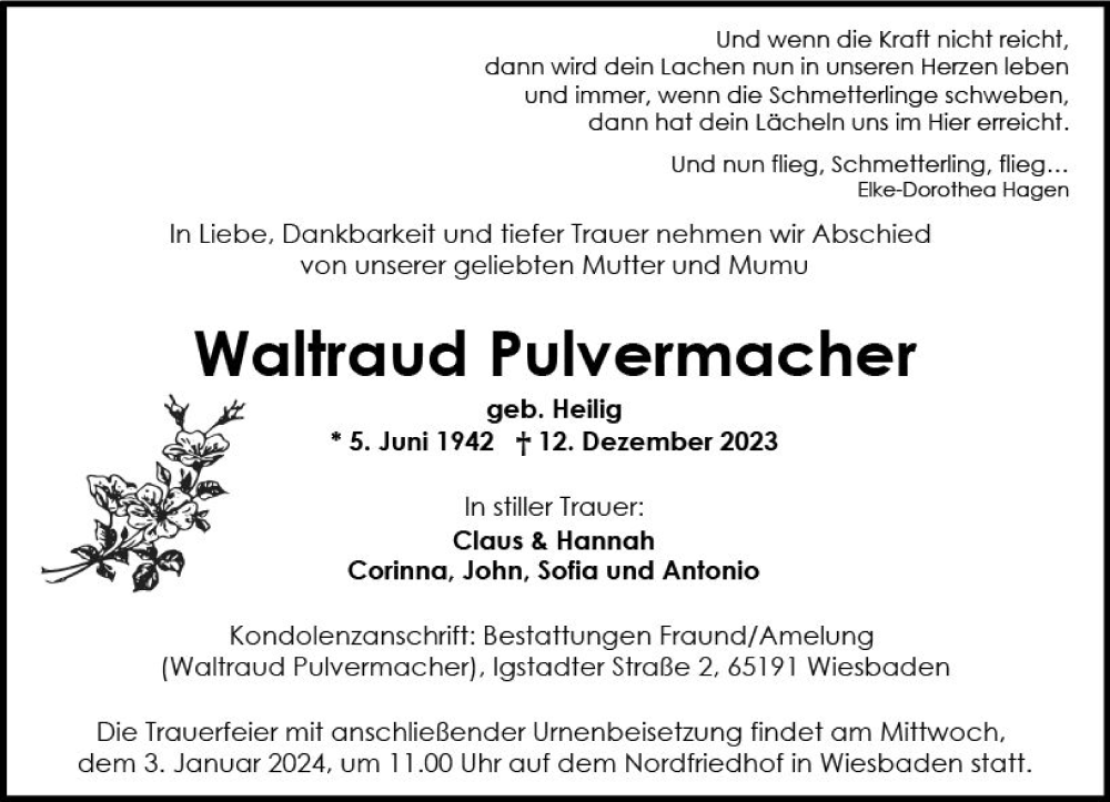  Traueranzeige für Waltraud Pulvermacher vom 23.12.2023 aus Wiesbadener Kurier