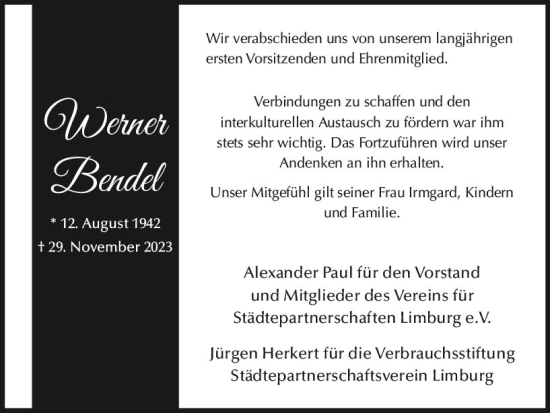 Traueranzeige von Werner Bendel von Nassauische Neue Presse
