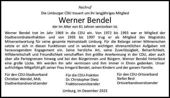 Traueranzeige von Werner Bendel von Nassauische Neue Presse
