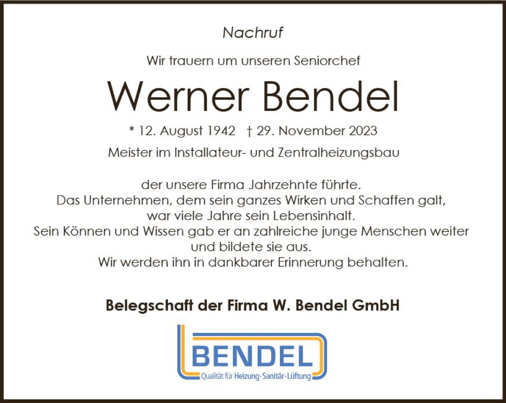  Traueranzeige für Werner Bendel vom 09.12.2023 aus Nassauische Neue Presse