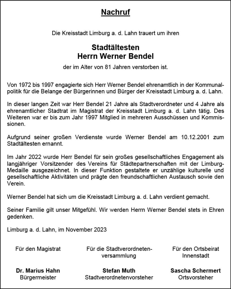  Traueranzeige für Werner Bendel vom 09.12.2023 aus Nassauische Neue Presse