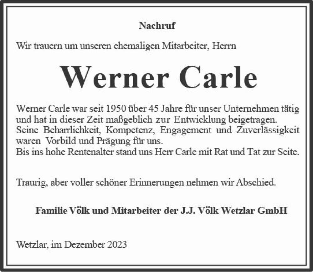  Traueranzeige für Werner Carle vom 09.12.2023 aus Wetzlarer Neue Zeitung