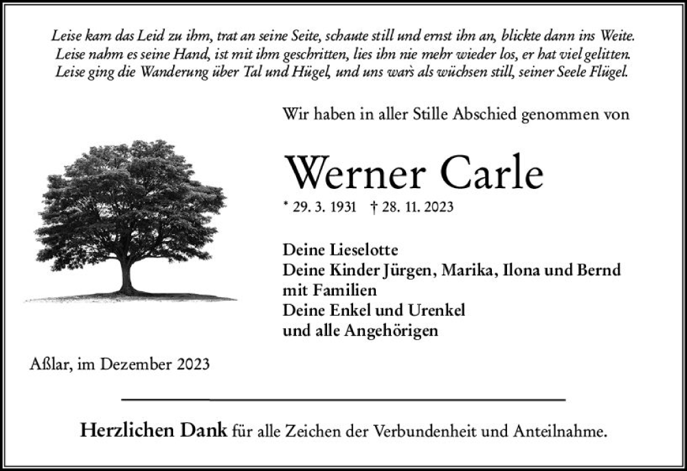  Traueranzeige für Werner Carle vom 09.12.2023 aus Wetzlarer Neue Zeitung