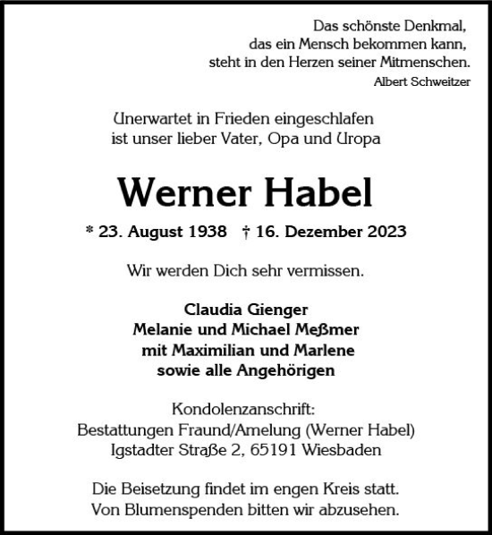 Traueranzeige von Werner Habel von Wiesbadener Kurier