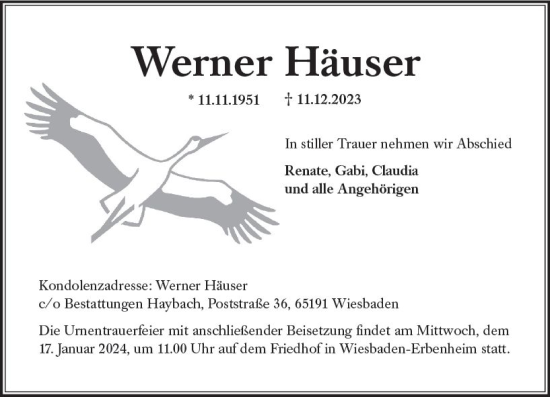 Traueranzeige von Werner Häuser von Wiesbadener Kurier