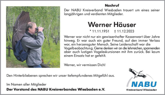 Traueranzeige von Werner Häuser von Wiesbadener Kurier