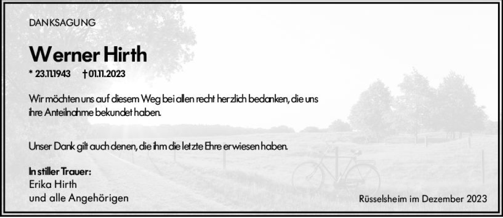  Traueranzeige für Werner Hirth vom 16.12.2023 aus Rüsselsheimer Echo