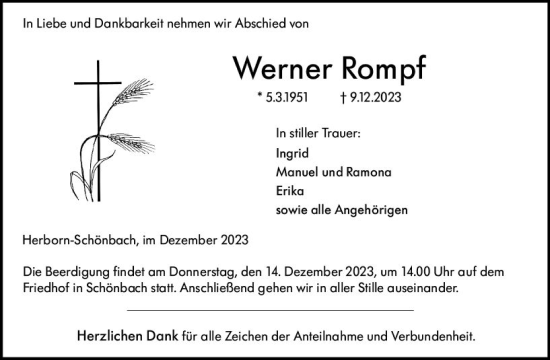 Traueranzeige von Werner Rompf von Dill Block