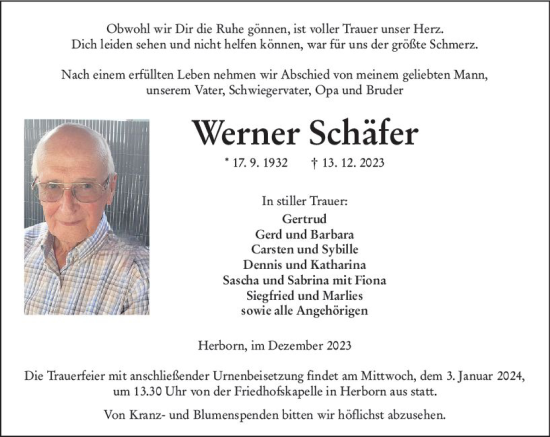 Traueranzeige von Werner Schäfer von Dill Block