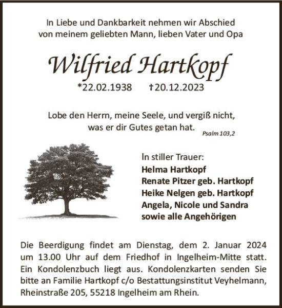 Traueranzeige von Wilfried Hartkopf von Allgemeine Zeitung Bingen/Ingelheim