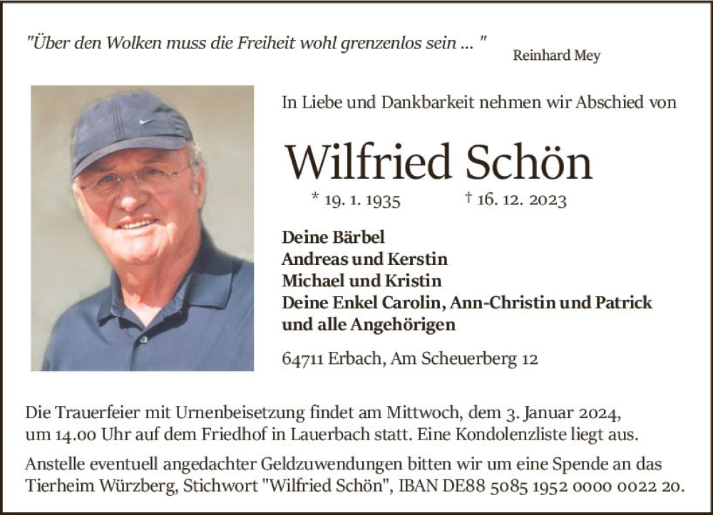  Traueranzeige für Wilfried Schön vom 23.12.2023 aus Odenwälder Echo