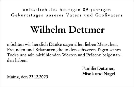 Traueranzeige von Wilhelm Dettmer von Allgemeine Zeitung Mainz