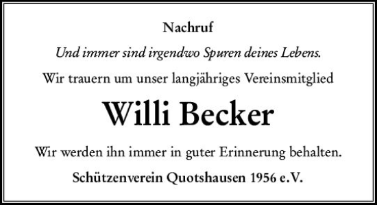 Traueranzeige von Willi Becker von Hinterländer Anzeiger