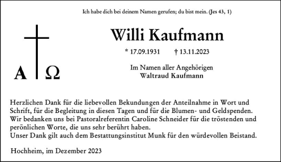 Traueranzeige von Willi Kaufmann von Hochheimer Zeitung