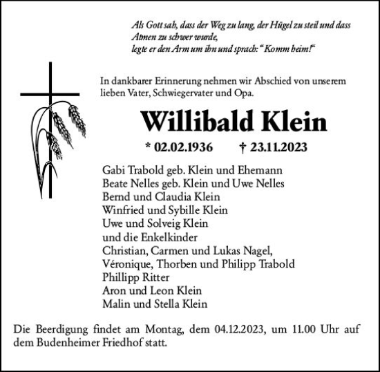 Traueranzeige von Willibald Klein von Allgemeine Zeitung Bingen/Ingelheim