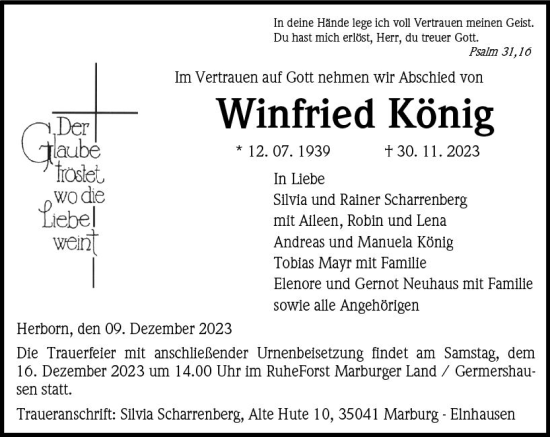 Traueranzeige von Winfried König von Dill Block
