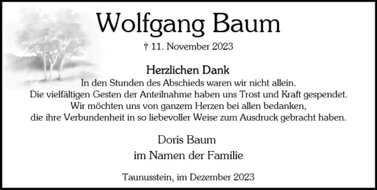Traueranzeige von Wolfgang Baum von Wiesbadener Kurier