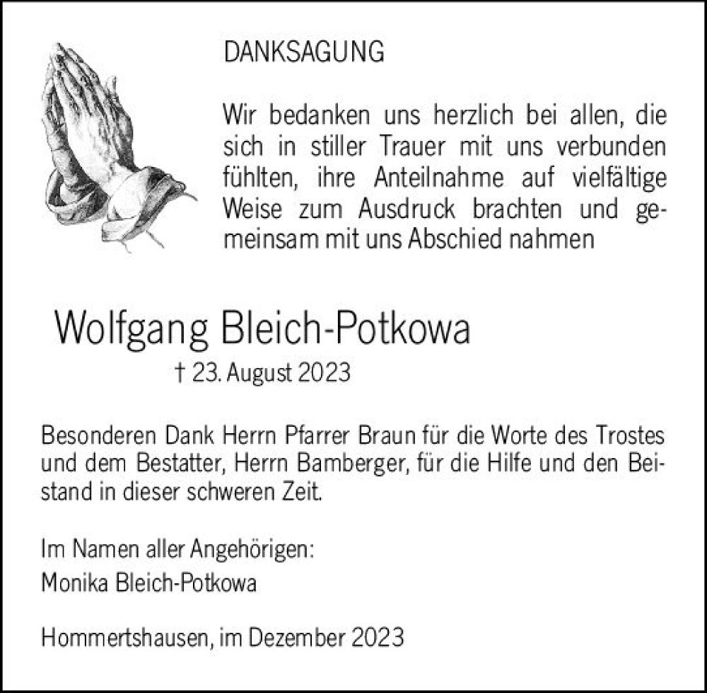  Traueranzeige für Wolfgang Bleich-Potkowa vom 02.12.2023 aus Hinterländer Anzeiger