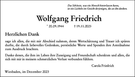 Traueranzeige von Wolfgang Friedrich von Wiesbadener Kurier