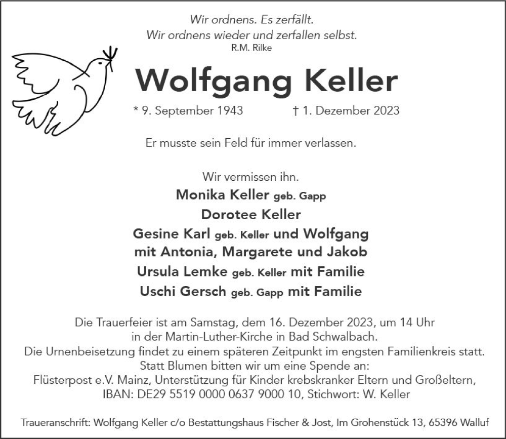  Traueranzeige für Wolfgang Keller vom 09.12.2023 aus Wiesbadener Kurier