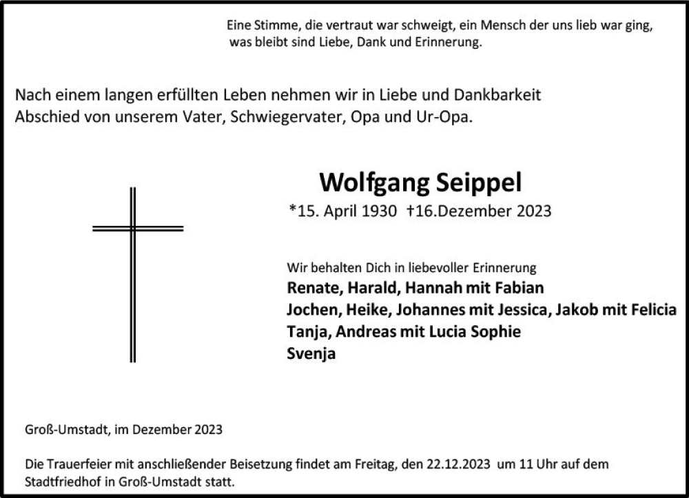  Traueranzeige für Wolfgang Seippel vom 20.12.2023 aus Odenwälder Echo