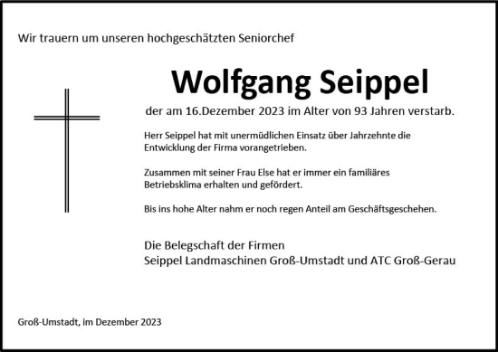 Traueranzeige von Wolfgang Seippel von Darmstädter Echo