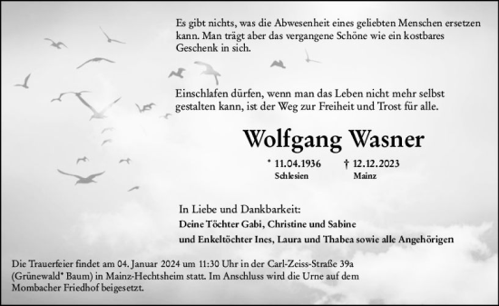 Traueranzeige von Wolfgang Wasner von Allgemeine Zeitung Mainz