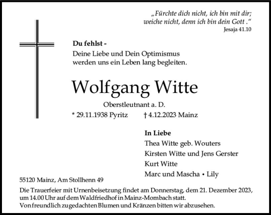 Traueranzeige von Wolfgang Witte von Allgemeine Zeitung Mainz