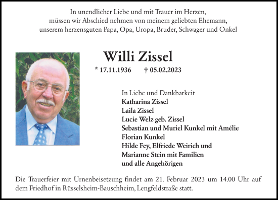 Traueranzeige von Willi Zissel von vrm-trauer 