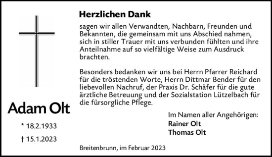 Traueranzeige von Adam Olt von Odenwälder Echo