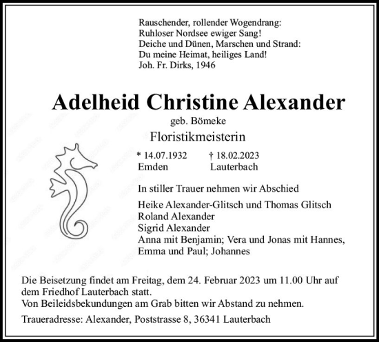Traueranzeige von Adelheid Christine Alexander von VRM Trauer