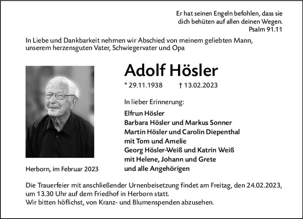  Traueranzeige für Adolf Hösler vom 21.02.2023 aus Dill Block