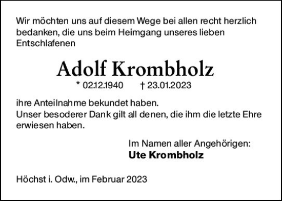 Traueranzeige von Adolf Krombholz von Odenwälder Echo