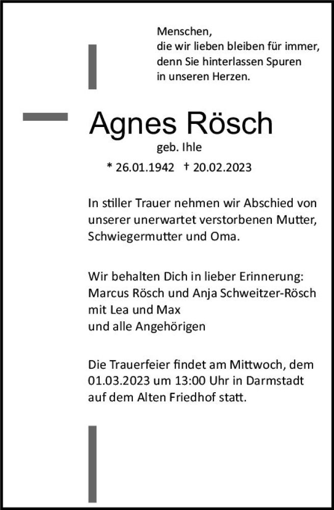  Traueranzeige für Agnes Rösch vom 25.02.2023 aus Darmstädter Echo