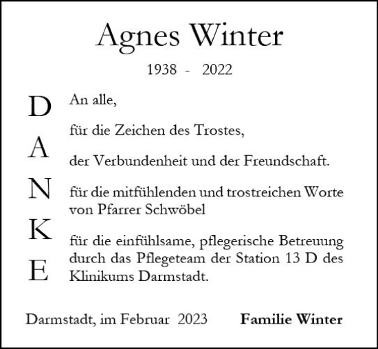 Traueranzeige von Agnes Winter von Darmstädter Echo
