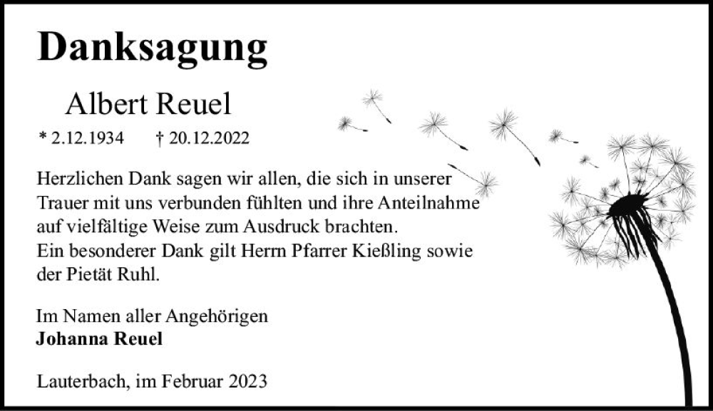  Traueranzeige für Albert Reuel vom 11.02.2023 aus VRM Trauer