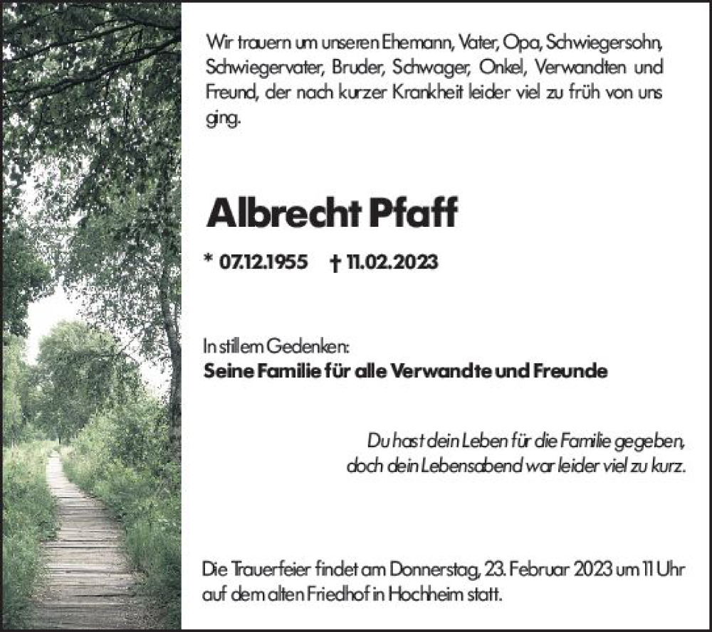 Traueranzeige für Albrecht Pfaff vom 17.02.2023 aus Hochheimer Zeitung