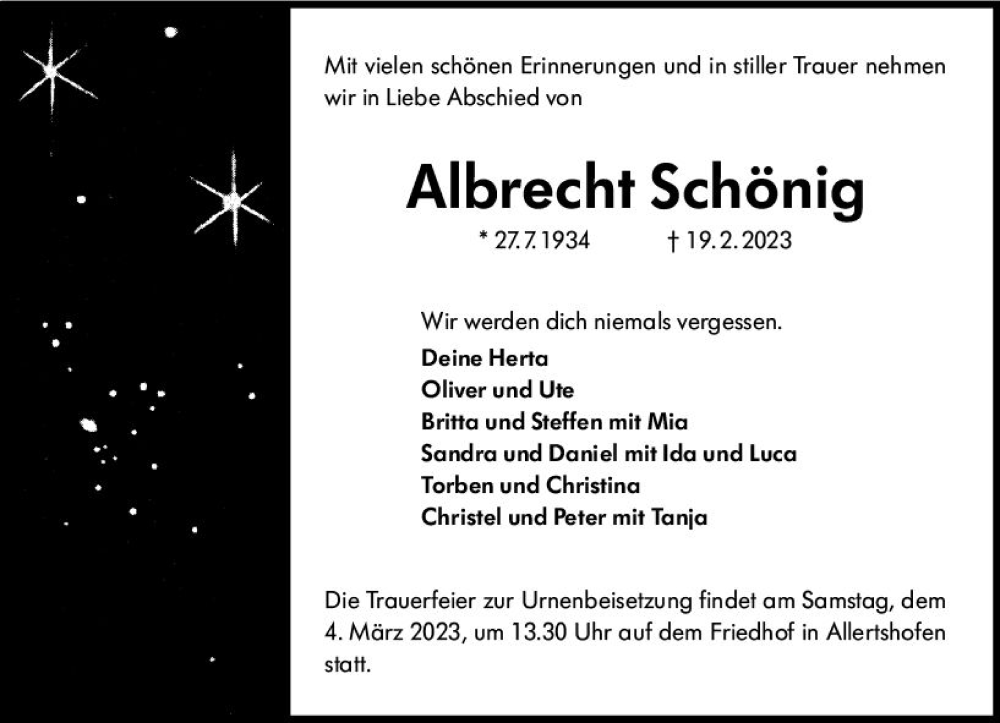  Traueranzeige für Albrecht Schönig vom 25.02.2023 aus Darmstädter Echo