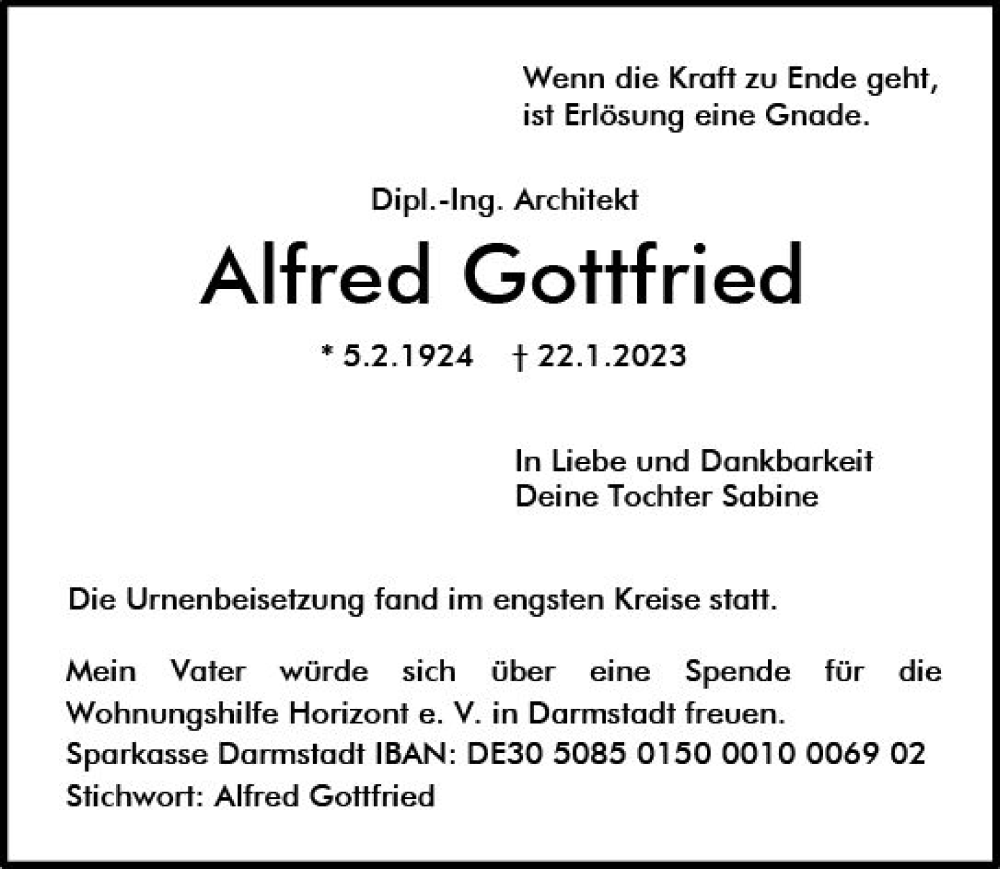  Traueranzeige für Alfred Gottfried vom 04.02.2023 aus Darmstädter Echo