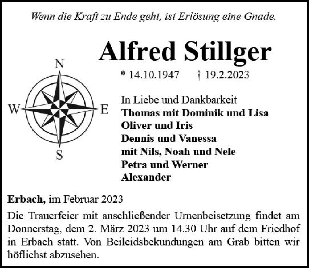  Traueranzeige für Alfred Stillger vom 23.02.2023 aus Camberger Anzeiger