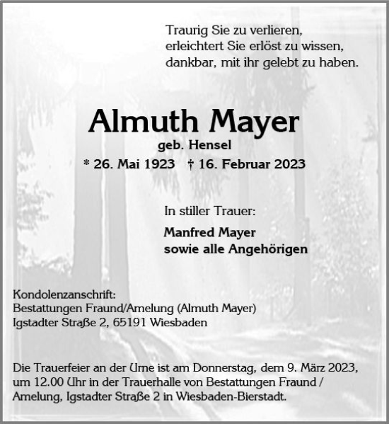Traueranzeige von Almuth Mayer von Wiesbadener Kurier