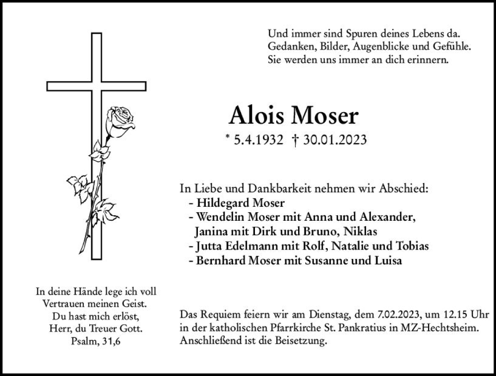  Traueranzeige für Alois Moser vom 04.02.2023 aus Allgemeine Zeitung Mainz